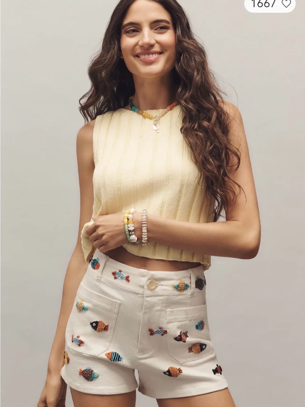 Maeve Colette Embroidered Beaded Fish Cotton Shorts - White